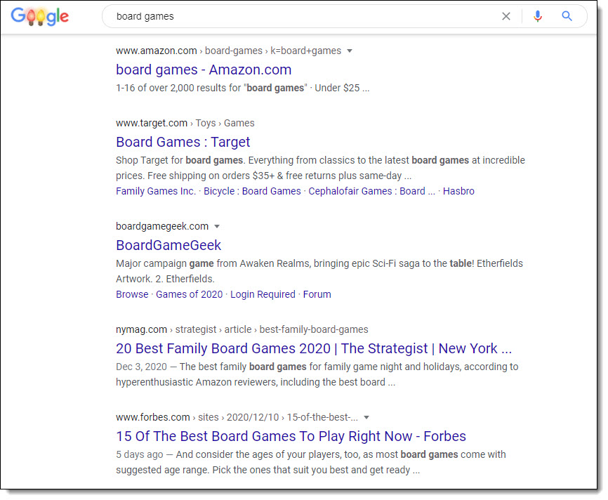 Google Serp of Board Games