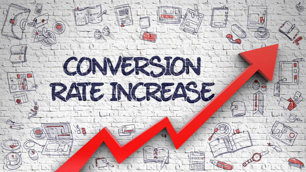 Conversion Rate Increase Inscription on Modern Style Illustation. with Red Arrow and Doodle Icons Around.