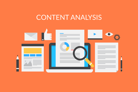  Content research on laptop screen, web content analysis, search content information illustration with icons