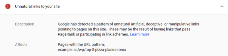 a google warning showing unnatural links on a website