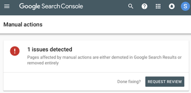 Google search console showing a manual action on a site