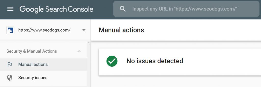 Google search console showing no manual actions