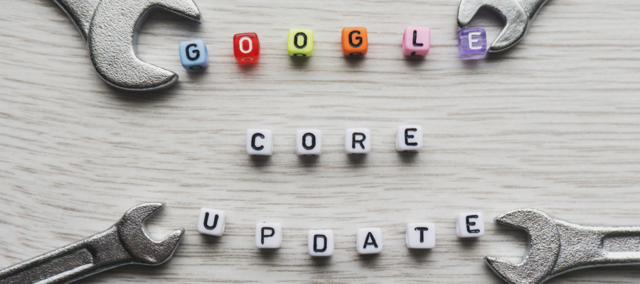 Google core update sign made with square beads letters with wrenches.