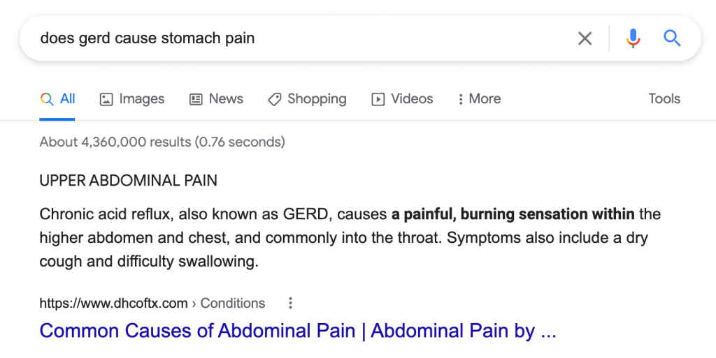 Screenshot Of Position Zero Featured Snippet From Digestive Health Centers Of North Texas