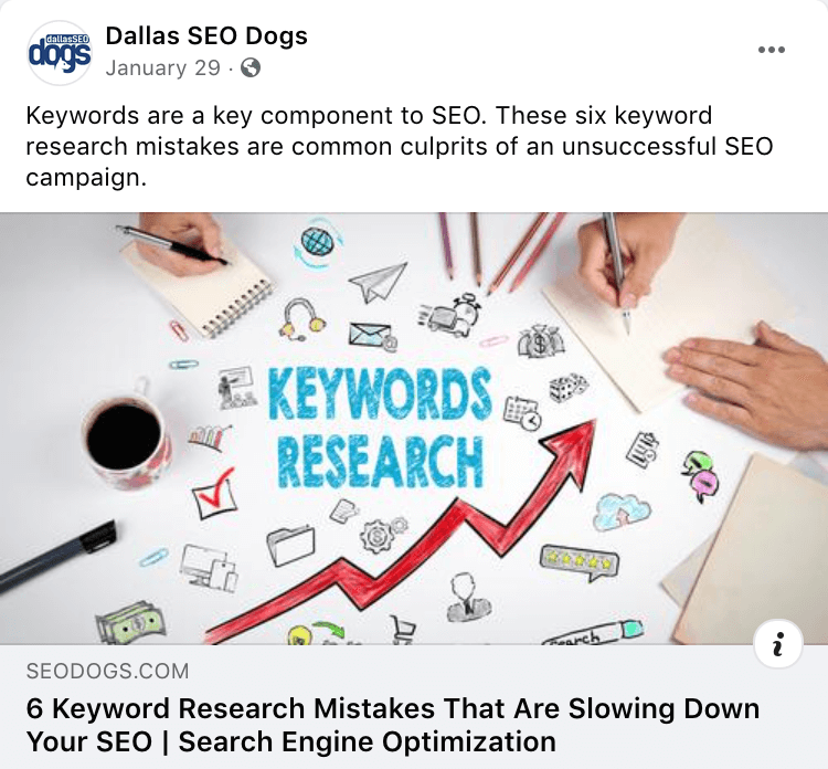 Screen Shot Of A Facebook Post Featuring A Blog From Dallas SEO Dogs