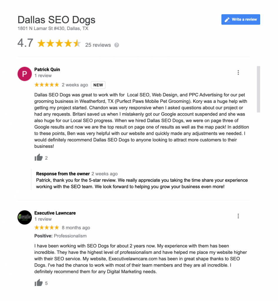 Screen Shot Of Dallas SEO Dogs' Reviews