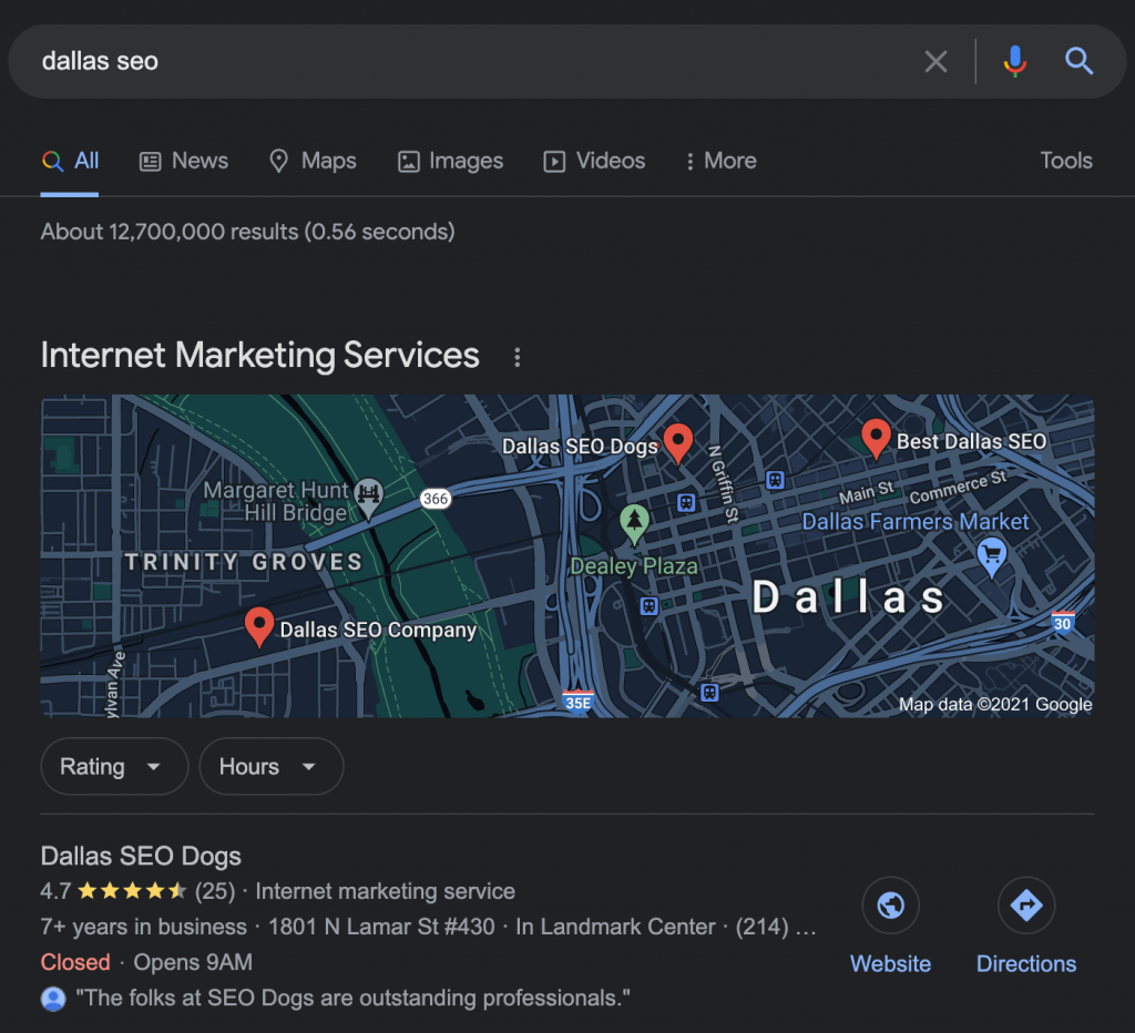 Screen Shot Of Dallas SEO Dogs' Website Ranking In Google Map Pack