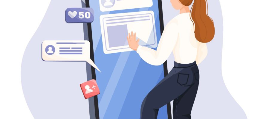 woman on phone scrolling through social media and viewing a repeated ad